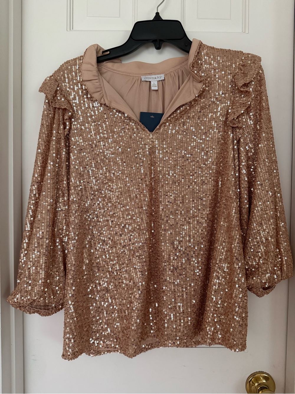 Crown & Ivy Rose Gold Sequin Ruffle V-Neck Blouse